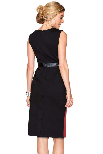 Red Black Asymmetric Patchwork Leather Trim Sheath Dress