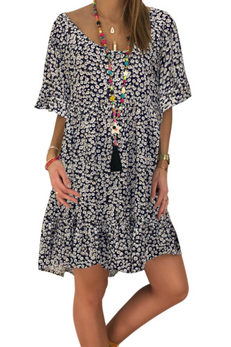 Black Loose Scoop Neck Floral Dress