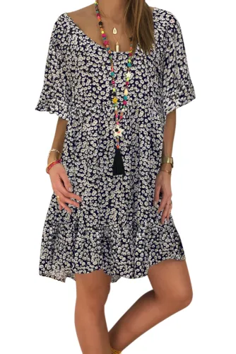 Black Loose Scoop Neck Floral Dress