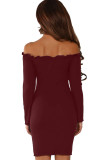 Burgundy Button Front Ribbed Bardot Mini Dress