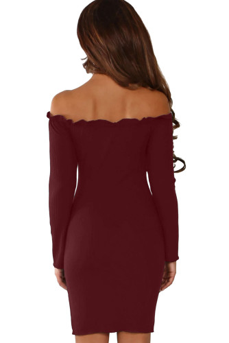 Burgundy Button Front Ribbed Bardot Mini Dress