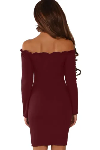 Burgundy Button Front Ribbed Bardot Mini Dress