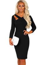 Black 3/4 Sleeve Cross Over Bodycon Midi Dress