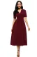 Claret Split Neck Short Sleeve Midi Dress with Bowknots