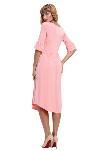 Pink Ruffle Sleeve Midi Jersey Dress