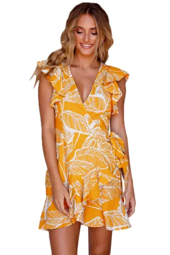 Mustard Leaf Vein Print Ruffle and Wrap Short Summer Dress