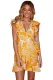 Mustard Leaf Vein Print Ruffle and Wrap Short Summer Dress