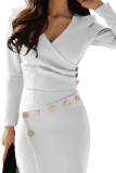 Asymmetric Button Detail White Ruched Midi Dress