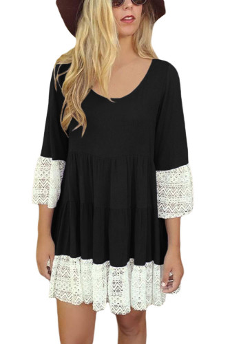 Bohemian Lace Trim Black Swing Mini Dress