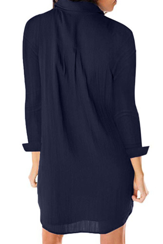 Navy Blue Long Sleeve Buttoned Crepe Shirt Dress