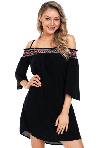 Black Off Shoulder Embroidered Neckline Boho Beach Dress