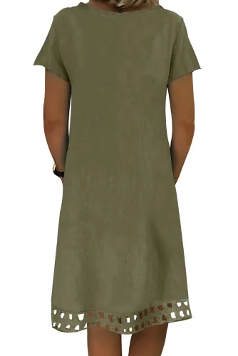 Green Short Sleeve V Neck A-Line Casual Shirt Dress