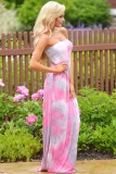 Contrast Tendril Print Pink Strapless Maxi Boho Dress