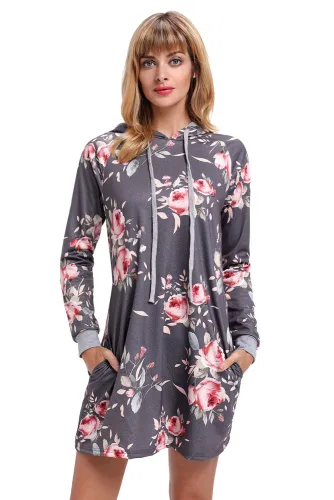 Grey Floral Print Drawstring Hoodie Dress
