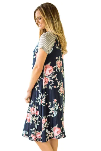 Navy Blue Backdrop Floral Print A-line Loose T-shirt Dress