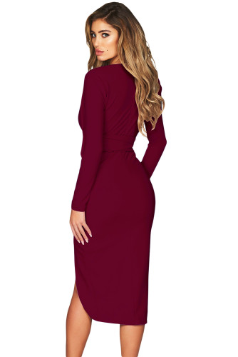 Burgundy Faux Wrap V Neck Long Sleeve Midi Dress