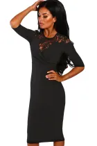 Black Lace Insert Notch V Neck Midi Dress
