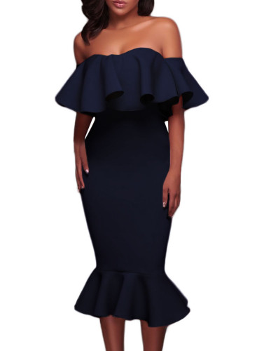 Blue Ruffle Off Shoulder Mermaid Midi Party Dress