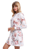 White Floral Print Drawstring Hoodie Dress
