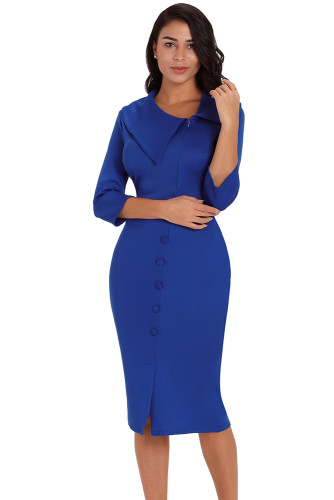 Dark Blue 3/4 Sleeve Button Detail Bodycon Midi Dress