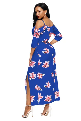 Blue Cold Shoulder Floral Slit Maxi Dress