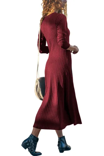 Burgundy Button Front Long Sleeve Ribbed Midi Dress