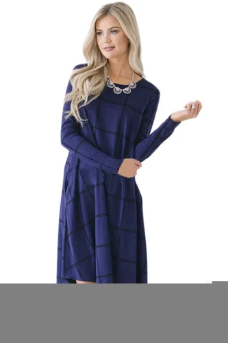 Navy Blue Checked Long Sleeve Casual Midi Dress