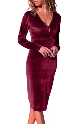 Burgundy V Neck Sleek Velvet Midi Dress