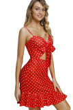 Red White Polka Dot Print Cut Out Frill Hem Mini Dress
