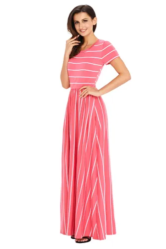 White Striped Rosy Short Sleeve Maxi Dress