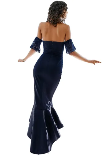 Navy Lace Embellished Strapless Party Dress