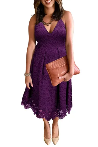 Purple Lace Floral V Neck Backless Cocktail A-Line Dress