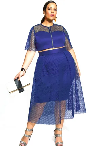 Blue Mesh Joint Plus Crop Top Skirt Set