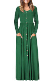 Hunter Green Button Front Pocket Style Casual Long Dress