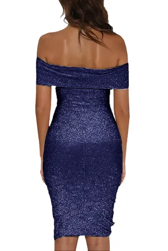 Blue Sparkle Fold Over Off Shoulder Bodycon Dress