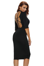 Black Bodycon Mock Neck O-ring Accent Cut out Half Sleeve Midi Dress