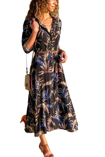Dark Bohemian Floral Print Buttoned Belted Shirt Dress