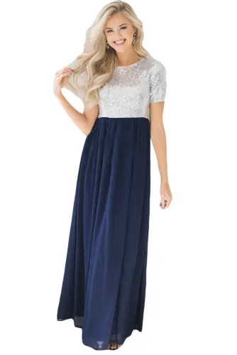 Dark Blue Chiffon Sequin Zipper Back Maxi Dress