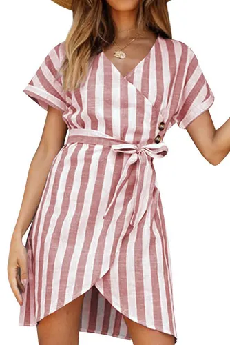 Pink V Collar Short Sleeve Stripe Print Button Wrap Dress