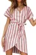 Pink V Collar Short Sleeve Stripe Print Button Wrap Dress