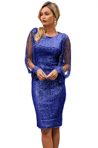 Silver Sequin Tassel Sleeve Bodycon Evening Dress