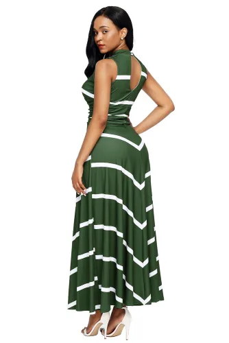 Olive V Neck Cut out Back Printed Maxi Dress