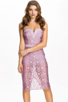 Pinkish Purple Rose Lace Strapless Midi Dress