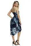 Deep V Neck Green Leaves Print Boho Dress in Navy