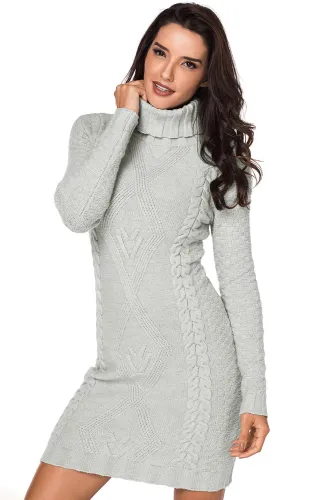Gray Stylish Pattern Knit Turtleneck Sweater Dress