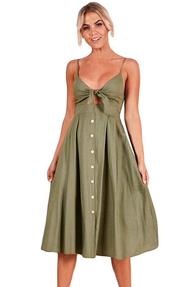 Army Green Sexy Backless Tie Front Button Skirt Midi Dress