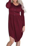 Red Long Sleeve Button Ruffled Irregular Hem Swing Dress