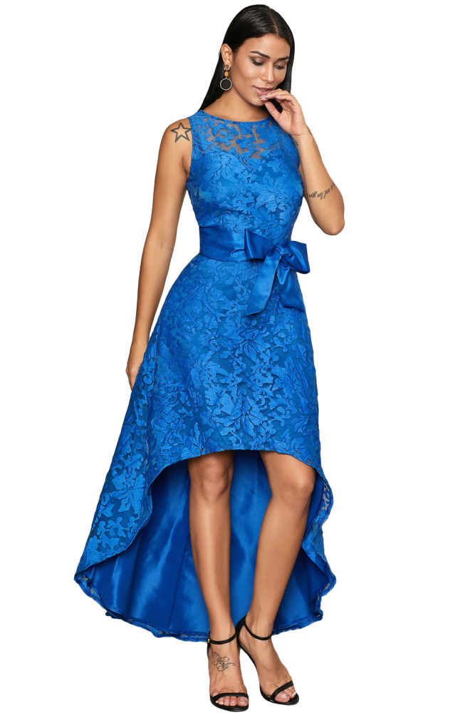 Royal Blue Sleeveless Lace Overlay Bow Sash Party Dress