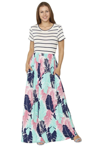 Striped Shirt Top Blue Pink Feather Print Maxi Dress