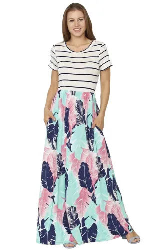 Striped Shirt Top Blue Pink Feather Print Maxi Dress